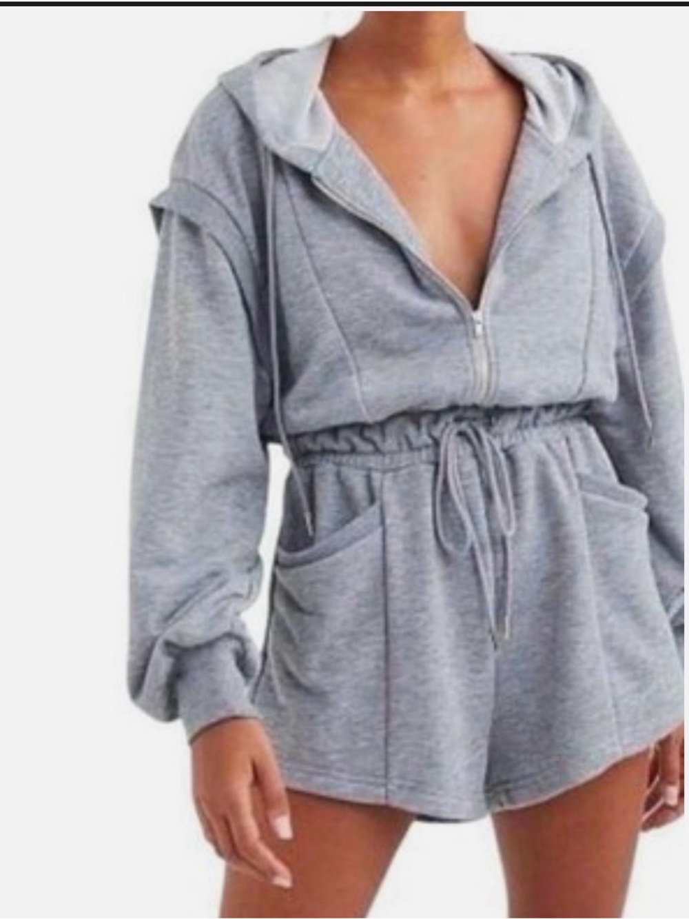 For Love And Lemons Light Gray Hooded Drawstring Romper